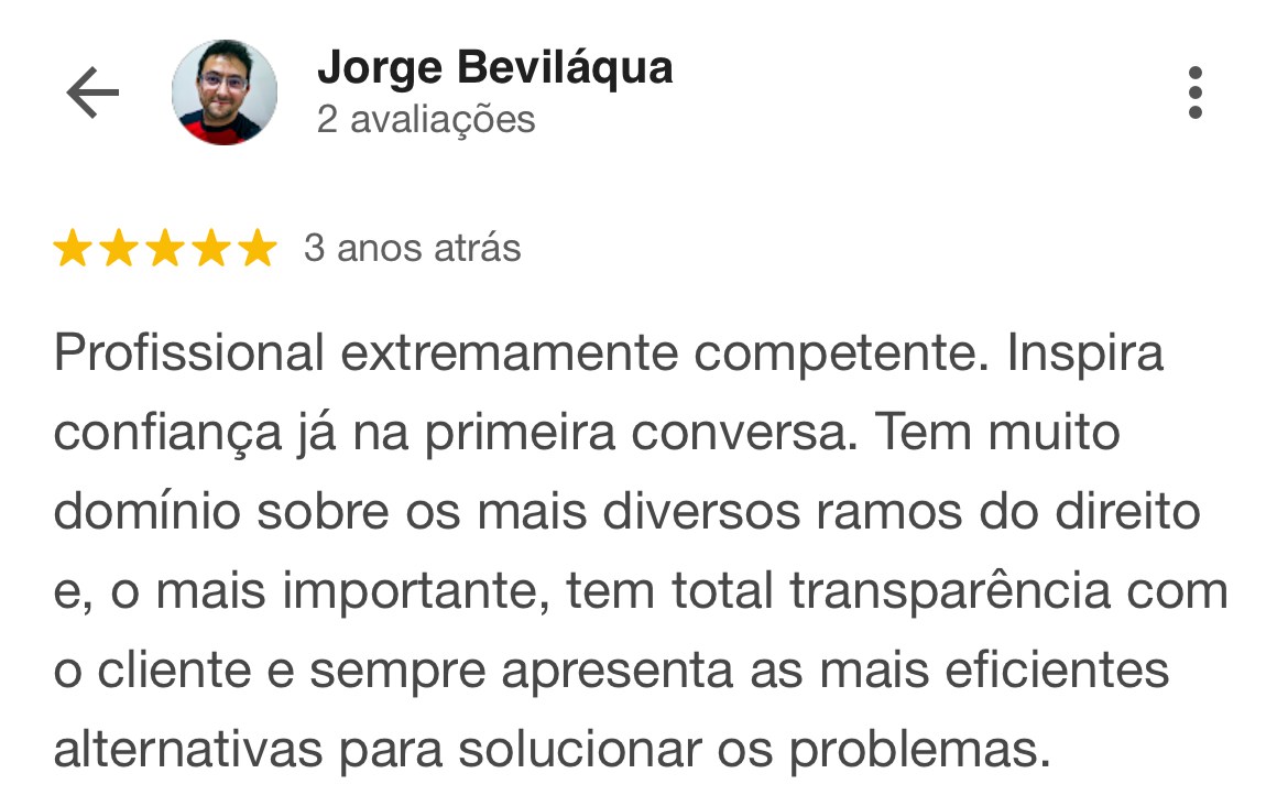 Avaliação de Jorge Beviláqua no Google — 5 estrelas — Corpas & Minervino Advocacia