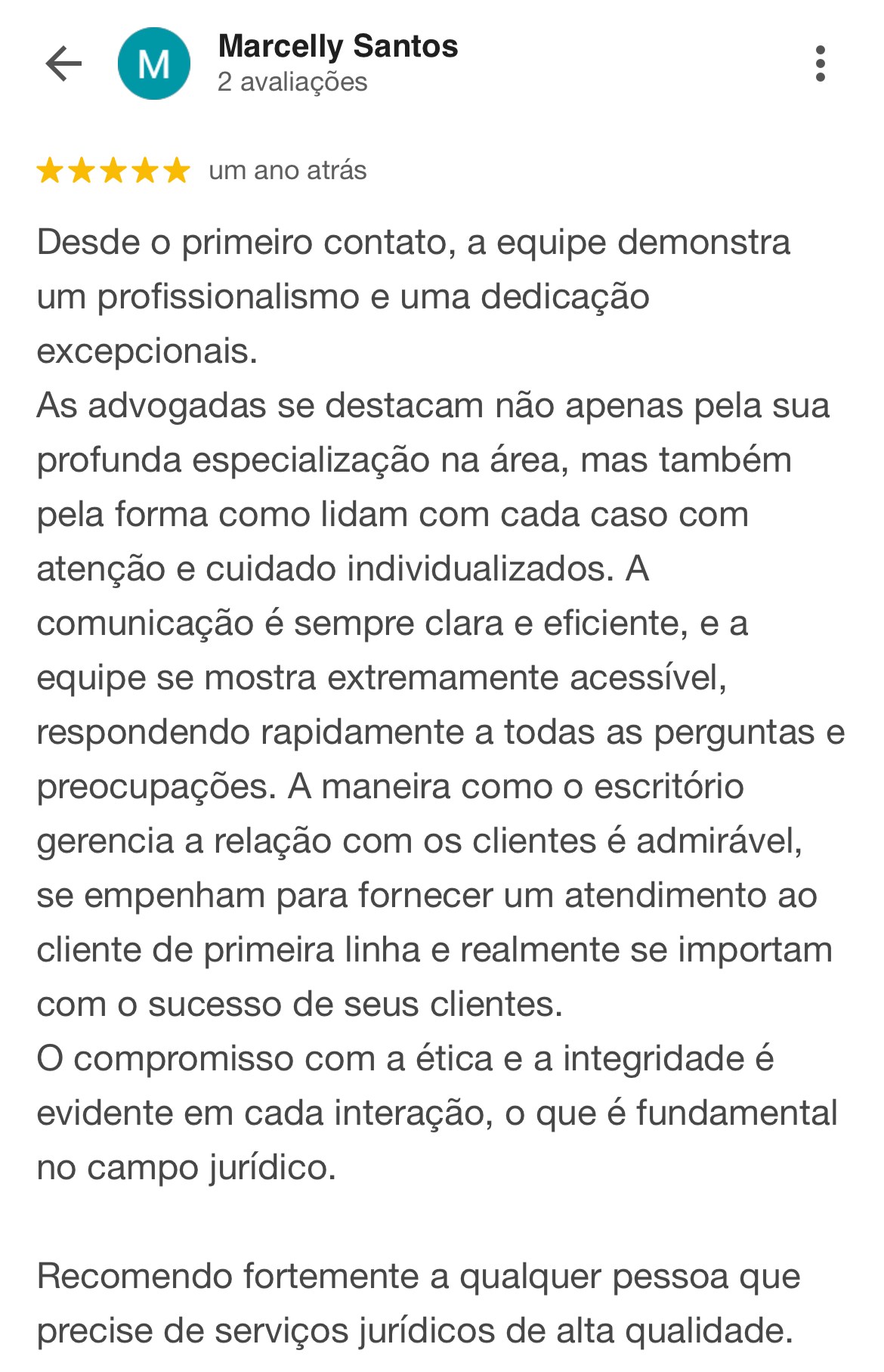 Avaliação de Marcelly Santos no Google — 5 estrelas — Corpas & Minervino Advocacia