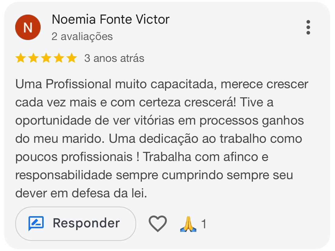 Avaliação de Noemia Fonte Victor no Google — 5 estrelas — Corpas & Minervino Advocacia